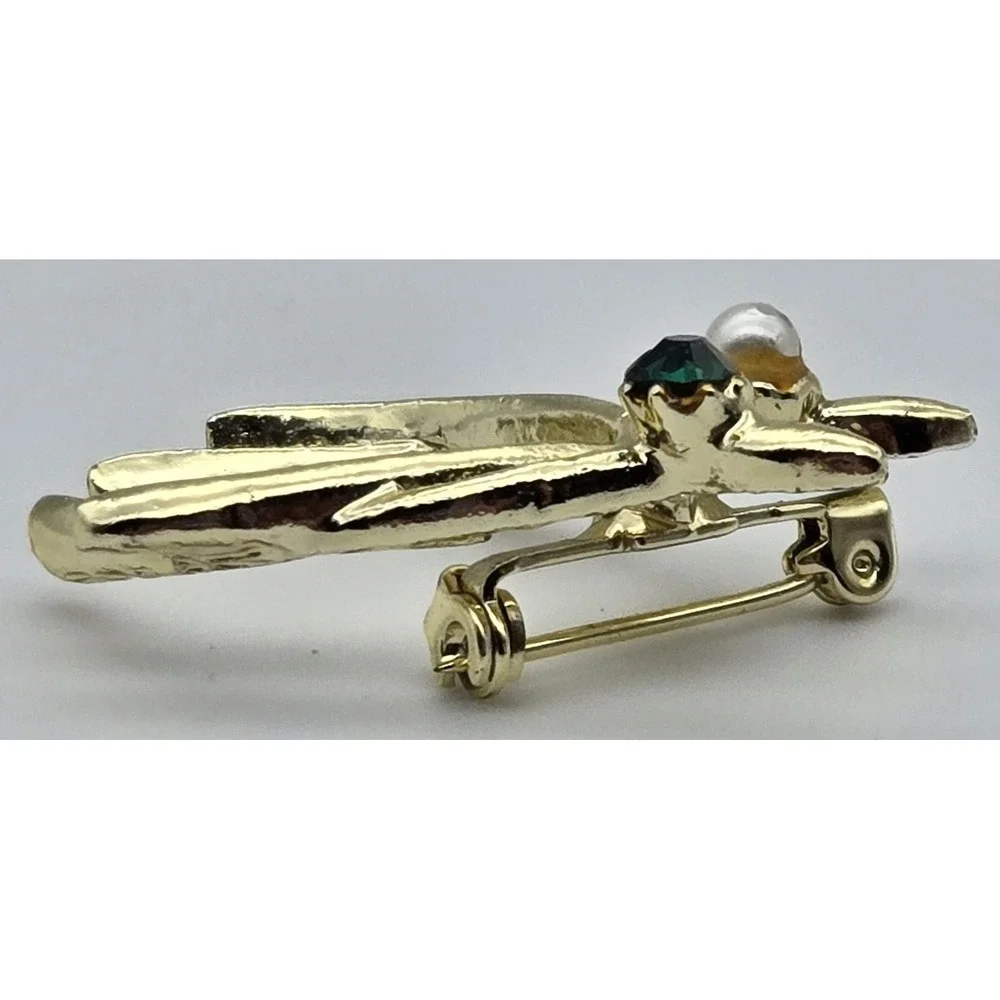 Vintage Gold Tone Wishbone Brooch Lucky‎ Charm Faux Pearl Green Rhinestone Pin